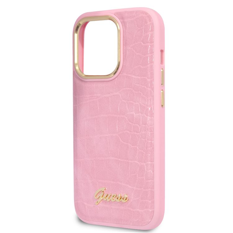 Guess PU Croco Case with Metal Camera Outline, Latest Design iPhone 14 Pro Compatibility - Pink