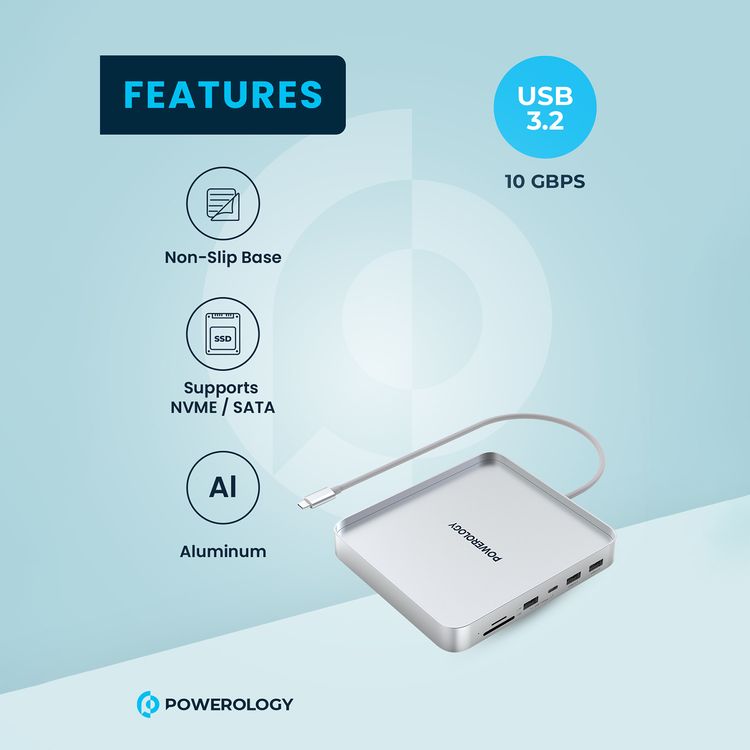 Powerology USB-C Hub & Stand for iMac 24", SSD Enclosure, NVMe & SATA Support, Non-Slip Base, USB-A 3.2 with 10Gbps Data Transfer, 150Mbps microSD Slot - Gray
