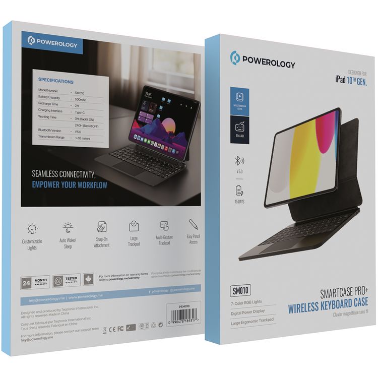 لوحة مفاتيح لاسلكية من باورولوجي لجهاز آيباد الجيل العاشر، سعة بطارية 500 مللي أمبير/ساعة، وقت شحن ساعتان، منفذ شحن من النوع C، بلوتوث الإصدار 5.0، نطاق نقل يصل إلى 10 أمتار، أضواء RGB بـ 7 ألوان، سهولة الوصول إلى القلم - أسود