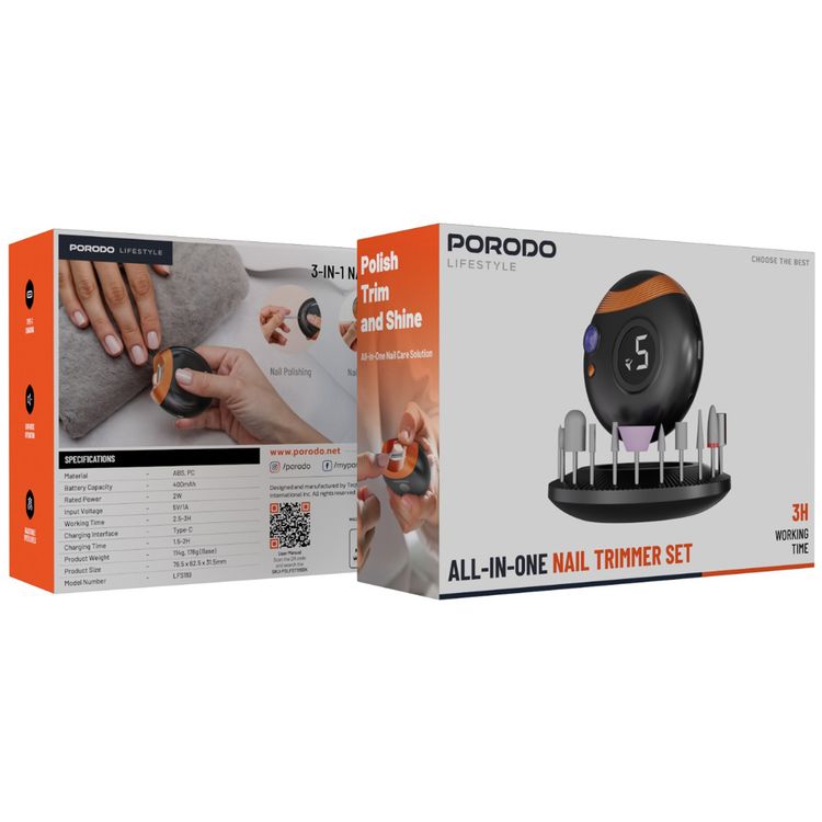 Porodo Lifestyle All-in-One Nail Trimmer Set, 400mAh, Type-C Charging Interface, 5V/1A Input Voltage, 2.5-3 Hours Working Time, 2 W Rated Power - Black