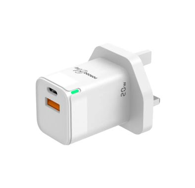 Porodo Blue Ultra-Quick Charger with 1m USB-C to Lightning Cable, USB-A & USB-C, 20W, 3A Output Current, 5V Output Voltage, Multi-Device Charging, Fast Charge Support - White