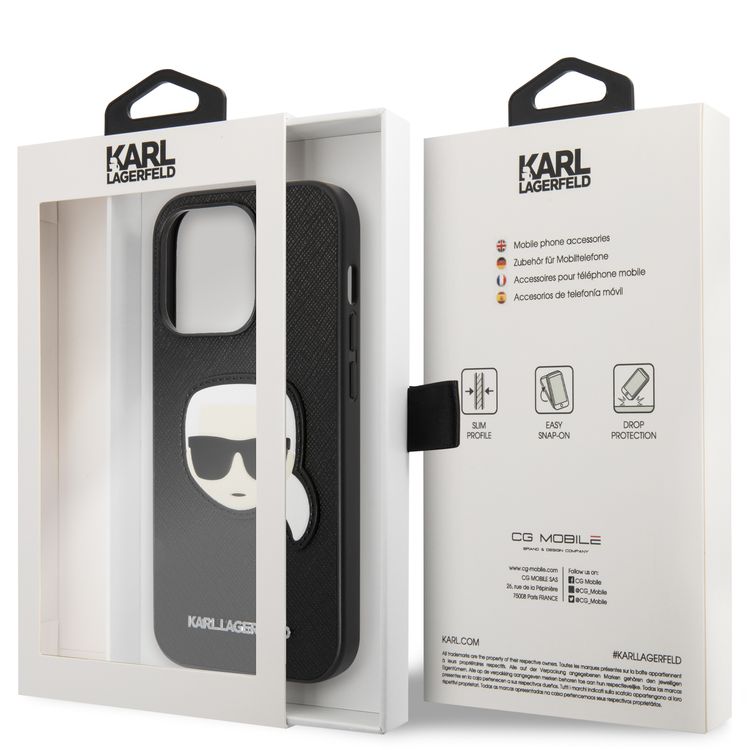 Karl Lagerfeld PU Saffiano Case with Karl Head Patch Ultra-Thin iPhone 14 Pro Compatibility - Black