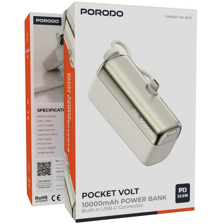 Porodo Pocket Volt 10000mAh Power Bank with Built-in Type-C Connector, 22.5W Power Delivery, 20W Max Lightning Output, Fast Charging Support, Compact Design, 15W Total Output - White