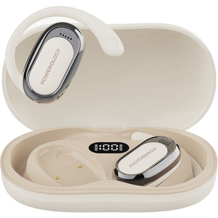 Powerology Oura Open-Ear Headphones with Enhanced Situational Awareness, Up to 8.5 Hours Battery Life, Type-C Charging Port, Bluetooth Version 5.4, 10m Bluetooth Transmission, Omnidirectional Microphone, Immersive Audio, Digital Battery Display, Ergonomic Fit - White