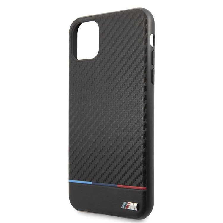 CG Mobile BMW Carbon & PU Leather Hard Case Tricolor Stripe For iPhone 11 Pro (5.8") Officially Licensed, Shock & Scratch Resistant, Suitable with Wireless Chargers Black
