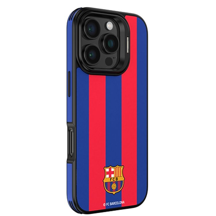 FC Barcelona Magnetic Case for iPhone 15 Pro Max, Premium Synthetic Leather, MagSafe Compatible, Built-in Ring Kickstand, Strong Neodymium Magnets, Shock Absorption - Blue & Garnet Stripes