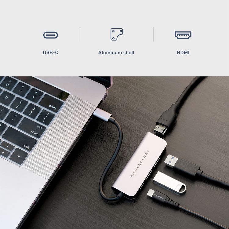 Powerology 4-in-1 USB-C Hub with HDMI & USB 3.0, 60W Power Delivery, Fast Charge & Data Transfer, 4K HDMI, 5Gbps Data Transmission, Aluminum Shell - Gray