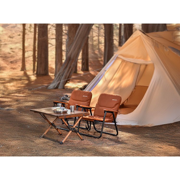 Porodo Lifestyle Camping Foldable Chair with 150kg Load Capacity, Aluminum Frame + 600D Oxford Cloth + Beech Wood Material - Brown