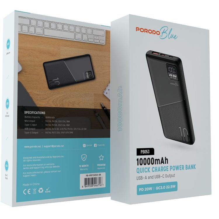 Porodo Blue Quick Charge Power Bank with USB-A & USB-C Outputs, 10000mAh Battery Capacity, Digital Display, 20W Power Delivery - Black