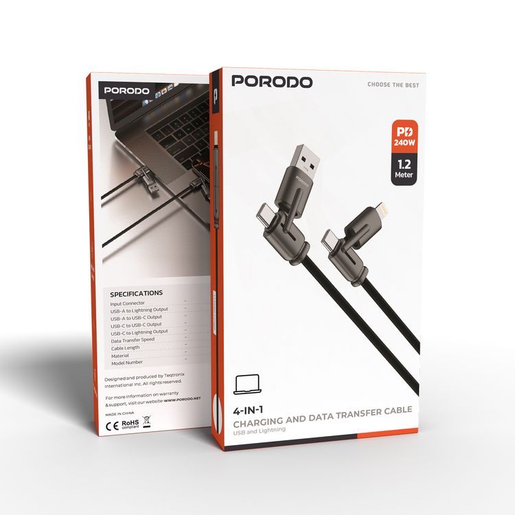 Porodo 4-in-1 Charging & Data Transfer Cable, 12W USB-A to Lightning, 15W USB-A to USB-C, 240W USB-C to USB-C, 27W USB-C to Lightning Output, Tangle-Free Design, Fast Charge - Black