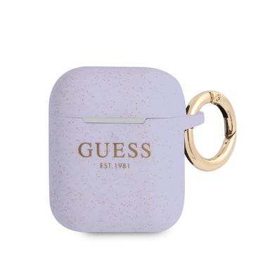 CG MOBILE Guess Silicone Glitter Case with Anti-Lost Ring Compatible for AirPods 1/2, Scratch Resistant, Shock Absorption & Drop Protection Cover Officially Licensed - Purple