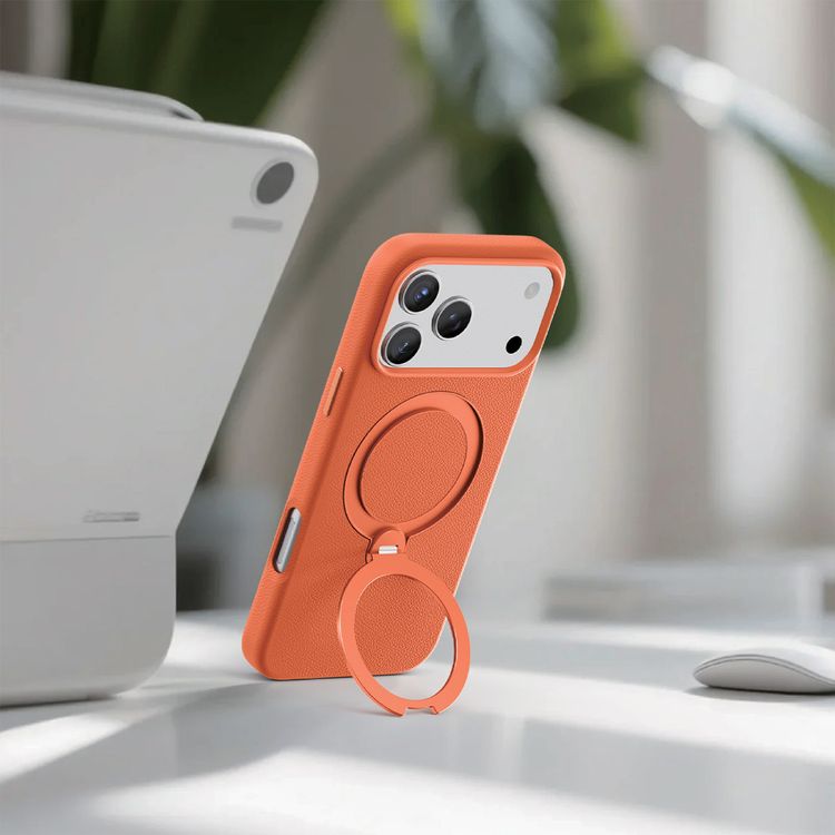 Green Lion Minster Leather MagSafe Case with Foldable Stand Design for iPhone 17 Pro, Anti-Fingerprint, 360° Rotatable Stand, Anti-Scratch, Camera Protection, Comfortable Grip - Orange