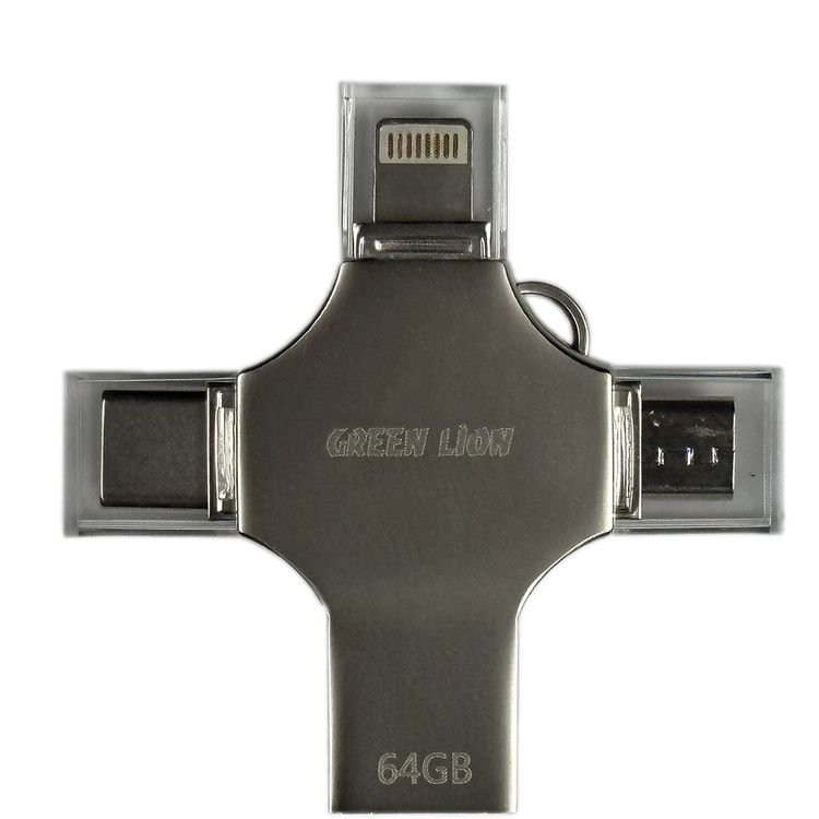Green Lion 4-in-1 USB Flash Drive 64GB with High Speed Data Transfer, USB-A, USB-C, Micro USB & Lightning Connectors - Silver