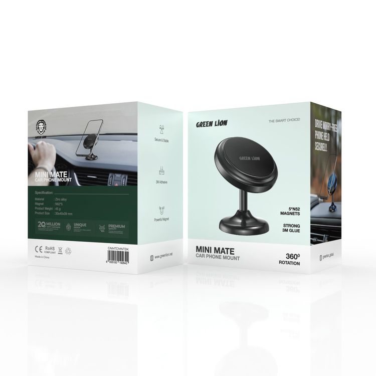 Green Lion Mini Mate Car Phone Mount with Powerful Magnet, Strong 3M Glue, 360° Rotation, Secure & Stable, Zinc Alloy Material - Black