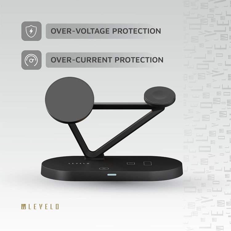 Levelo Premio 5-in-1 Wireless Charger with MagSafe Compatibility, 15W Fast Wireless Charging, Overcurrent Protection, Built-in LED Light, Automatic Object Detection - Black