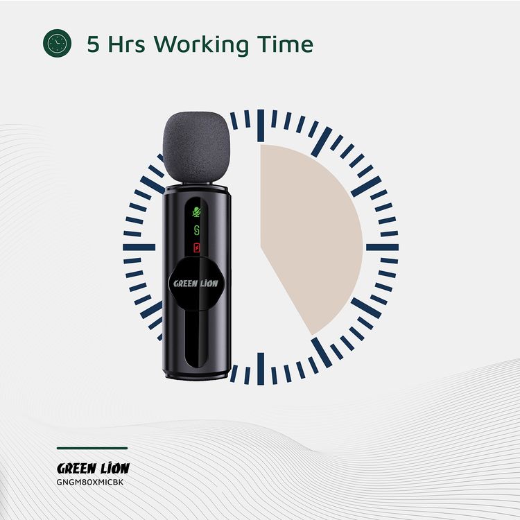 ميكروفون Green Lion GM-80X مع ميزة إلغاء الضوضاء بثلاث مستويات، وقت عمل يصل إلى 5 ساعات، زمن استجابة أقل من 30 ميلي ثانية، ميكروفونات مزدوجة، موصلات Type-C و AUX و Lightning - لون أسود