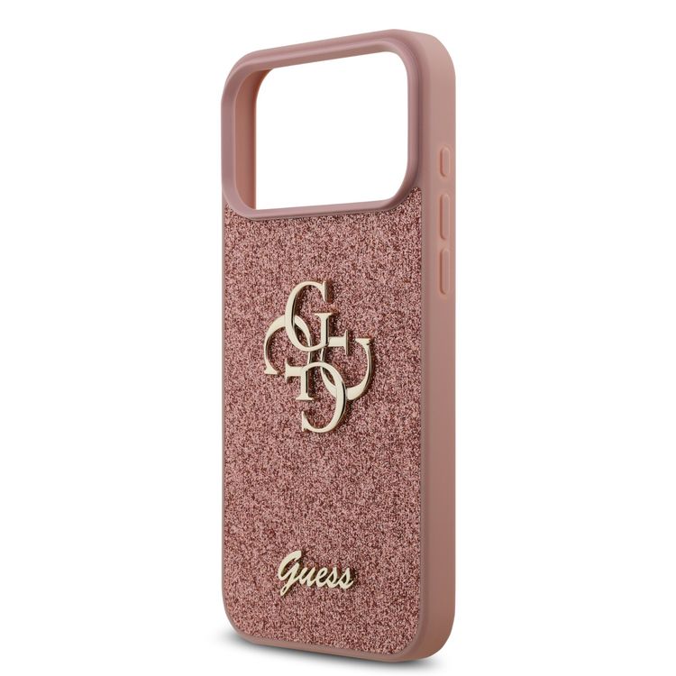 غطاء PU Glitter Case مع شعار معدني كبير 4G لهاتف iPhone 17 Pro Max، حماية من الصدمات، تصميم نحيف وخفيف الوزن، سهل التركيب، تغليف مستدام، قبضة مريحة - زهري