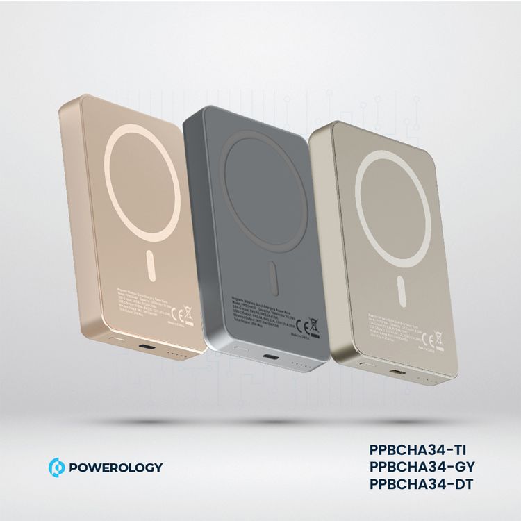 Powerology 10000mAh MagSafe Aluminum Power Bank with Battery Level Indicator, Lightweight & Compact Design, Fast & Simultaneous Charging, Type-C Input & Output, 15W Wireless Output - Gray