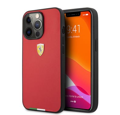 فيراري حافظة صلبة PU ناعمة وشعار معدني بخط العلم الإيطالي لهاتف iPhone 13 Pro Max (6.7 بوصة) - أحمر