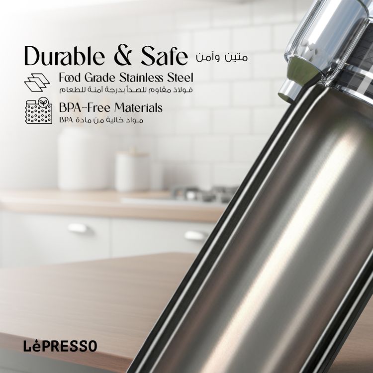 LePresso Sparkling Water Bottle with Double-Wall Vacuum, 750mL Bottle Capacity, 500mL Sparkling Water Capacity, Ceramic-Lined Interior, Durable & Easy-to-Clean - Black