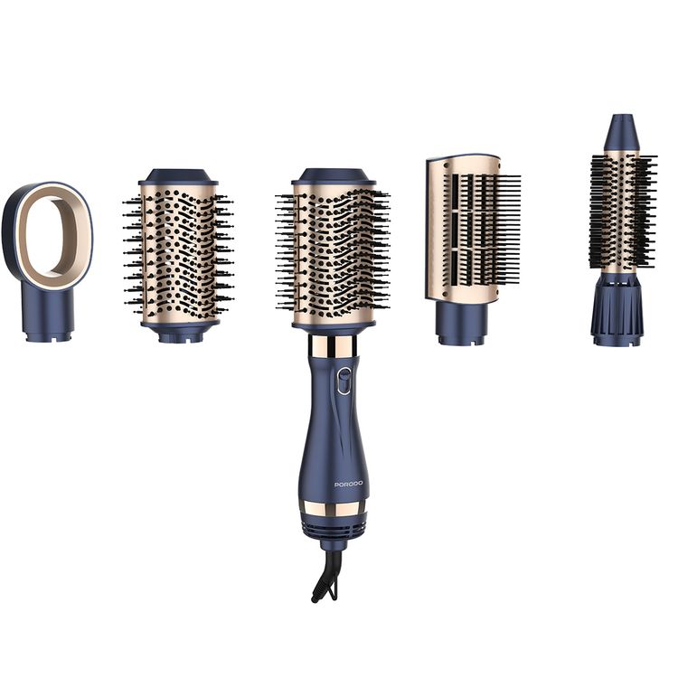 Porodo 5-in-1 Hot Air Brush Styling Set with Straightening & Curling Tools, 1000W Rated Power, 360° Swivel Cord, Adjustable Temperature Control, 3 Noise Levels, Powerful Motor - Blue / Gold