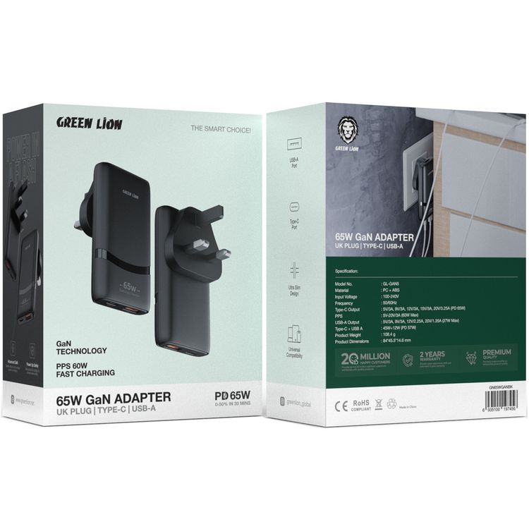 Green Lion Gan Adapter with USB-C & USB-A Ports, PC & ABS Material, UK Power Plug, Ultra-Slim Design, Multi-Protection, Power Up Safely, Advanced GaN Technology, Universal Compatibility - Black