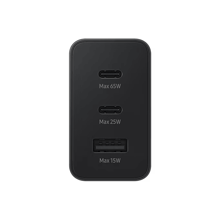 شاحن السفر سامسونج تريو 65 واط، 2 منفذ USB-C و1 منفذ USB-A، شحن سريع جداً SFC 2.0، جهد كهربائي مدخل 100-240 فولت، شحن متعدد الأجهزة، طرق حماية آمنة - أسود