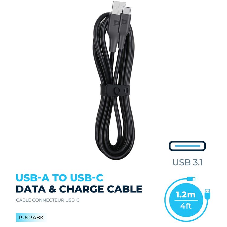 Powerology TPE USB-A to Type-C Charging Cable with Fast Charging & Data Transfer, Universal Compatibility, 3A Charging Current, TPE Material, More than 30000 Bends - Black