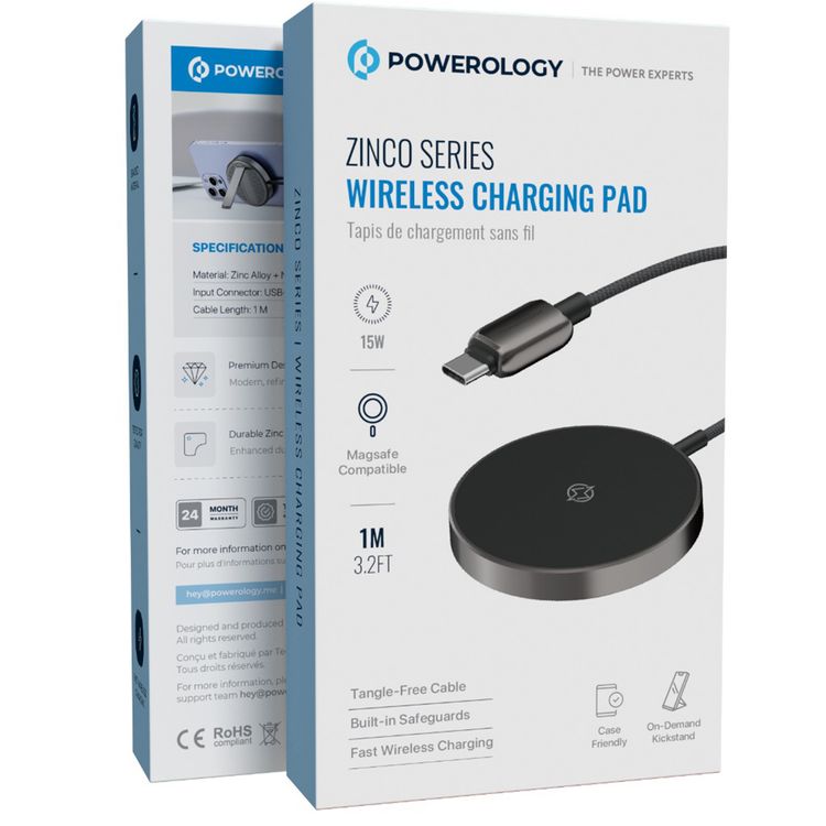 Powerology Zinco Series Wireless Charging Pad with USB-C Cable Connector, 15W Power, Nylon Braided & Zinc Alloy Material, 1m Cable Length, Tangle-Free, MagSafe Compatibility - Gray