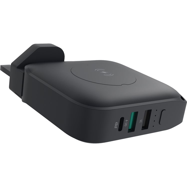 Powerology 10000mAh Wall Charger Power Bank with 20W Power Delivery, 15W Wireless Output, 0%-60% Charge in 35 Minutes, 18W USB-A QC Output, Interchangeable EU & US Adapters - Black