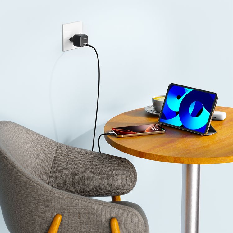 Powerology QX 45W Pocket-Sized GaN Adapter with Safety Protections, 1m USB-C to USB-C Cable Included, USB-C Port, Ultra-Compact Design, EU 2-Pin Plug, PD 45W - Black / Gray