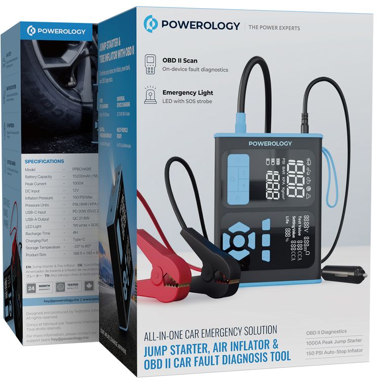 Powerology All-In-One Car Emergency Solution with Jump Starter, Air Inflator, OBD II Car Fault Diagnosis Toll, Smart Inflation System, 0.01-Bar Precision, Universal Device Charging, Digital Pressure Display, Large Battery Capacity, Multi-Vehicle Ready - Black/Blue