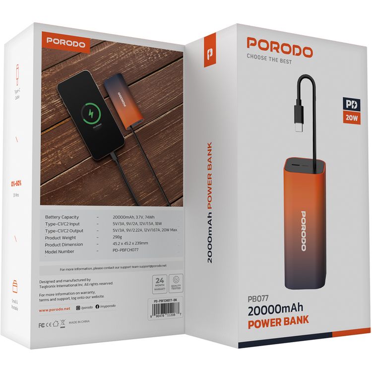 Porodo PB077 20000mAh Power Bank with  Integrated Type-C Cable, PD 20W, Type-C Ports, Portable Design, Fast Charge Support - Black