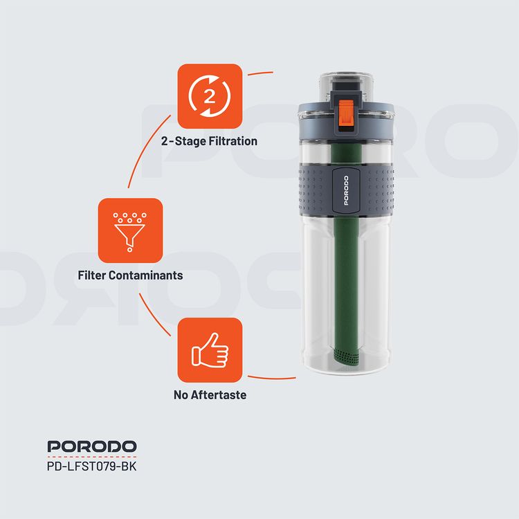 Porodo Lifestyle 2-Stage Filtration Water Bottle with 500mL Capacity, Up to 500 Liters Filter Life Span, No Aftertaste, Filters Contaminants, Polypropylene Bottle Material - Black