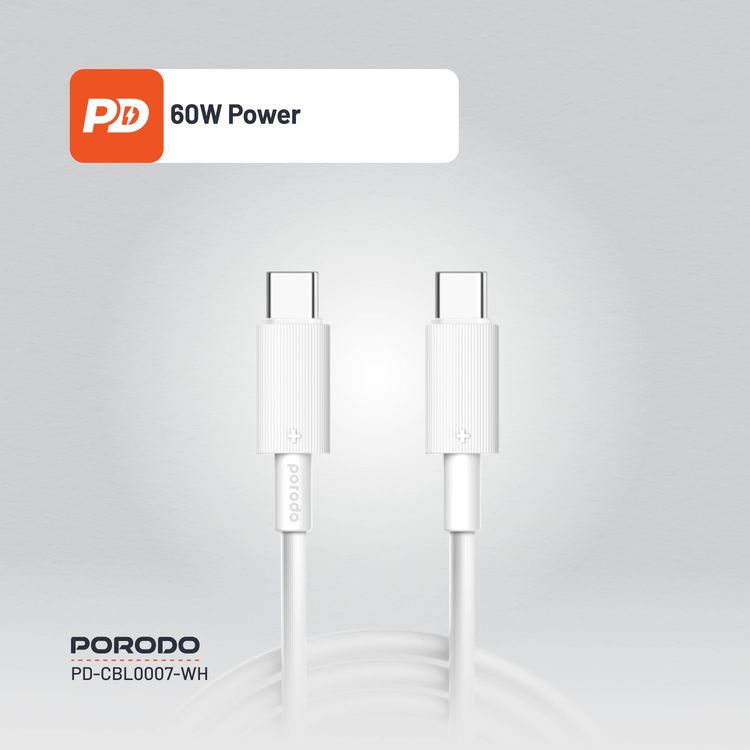 كابل بورودو من النوع C إلى C PVC بطول 3 متر، سرعة نقل 480 ميجابت في الثانية، PD 60 وات، عمر افتراضي يزيد عن 15000 ثنية، خالٍ من التشابك - أبيض