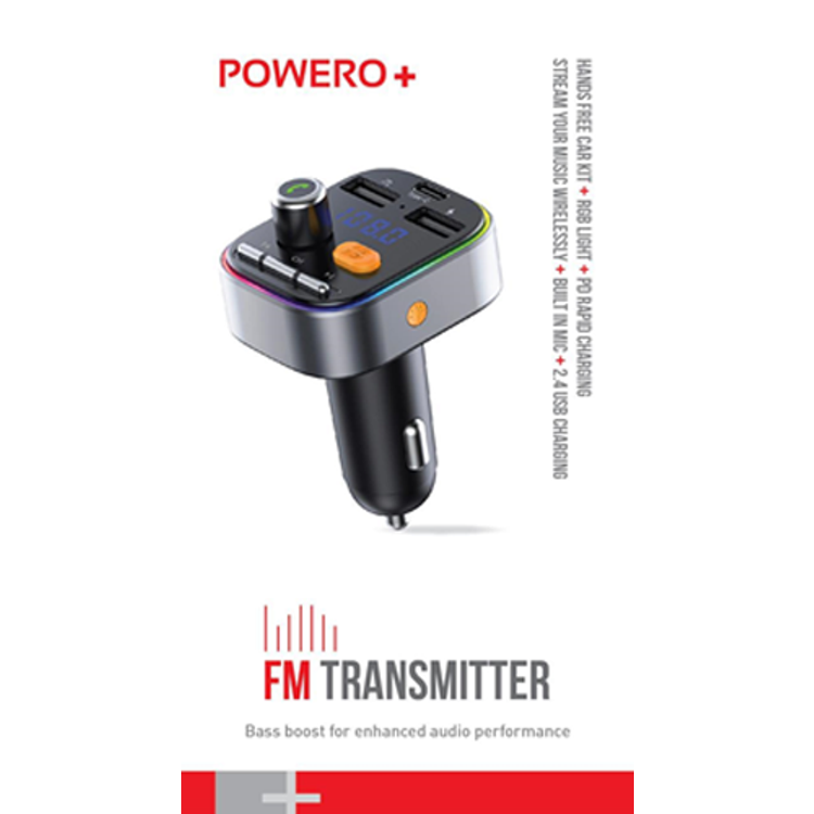 Powero + FM Transmitter Car Charger 2.4A 18W مع ​​ميكروفون مدمج وإضاءة RGB - طقم سيارة للاتصال بدون استخدام اليدين - محول طاقة السيارة للشحن السريع PD مع فتحة بطاقة Micro SD - أسود
