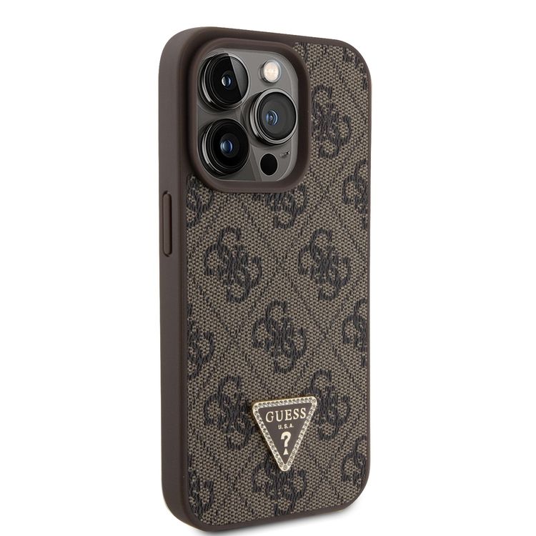 Guess PU Leather Case with 4G Triangle Strass & Triangle Logo - Brown - iPhone 15 Pro Max