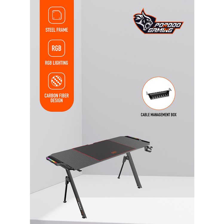 Porodo Gaming E-Sports Gaming Desk with Rubber Mousepad, Built-in Headphone Mount, Cup Holder & Cable Management Box, RGB Lighting Panel, Large Surface - Black