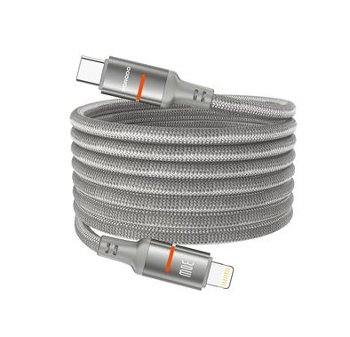 Porodo Type-C to Lightning Magnetic Braided Cable with 30W Power Delivery, 1.2m Cable Length, More than 15,000 Bends Lifespan, Tangle-Free Design - Gray