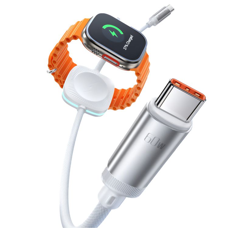 Porodo USB-C To USB-C Data Cable with Wireless Watch Charger, 480Mbps Transfer Speed, 60W USB-C Output, 2.5W Watch Charger Output, 1.2m Length, High-grade Components, Flexible & Durable - White