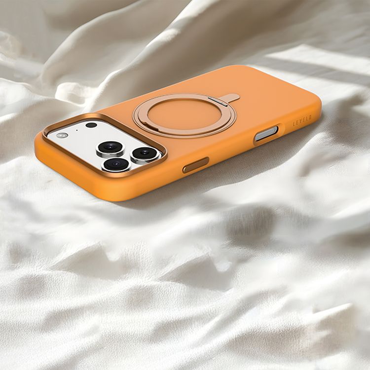 Levelo Iris Pro MagSafe Liquid Silicone Case with Built-in 360° Kickstand for iPhone 17 Pro Max, Metal Accents, Shock-Resistant Bumper, Aluminum Alloy Frame for Camera & Buttons, Drop-Tested, Strong Magnets, Premium Silicone Grip - Orange