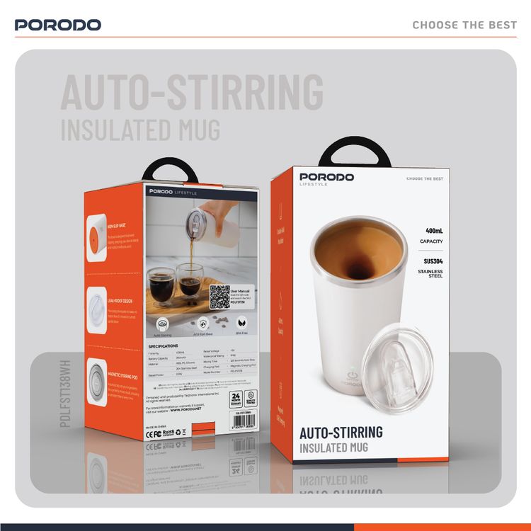 كوب بورودو لايف ستايل المعزول مع التحريك التلقائي بسعة 400 مل، قاعدة مانعة للانزلاق، سعة بطارية 300 مللي أمبير، ووقت خلط 120 ثانية مع التوقف التلقائي - أبيض