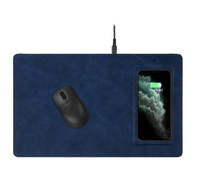 Powerology PU Leather Qi Wireless Charging Mouse Pad 10W, Case-Friendly, Fast Wireless Charging Mouse Mat Compatible for 12/12 Pro/12 Pro Max/11/11 Pro/11 Pro Max, Samsung Galaxy S10/S9/S8/Note 10 - Navy Blue