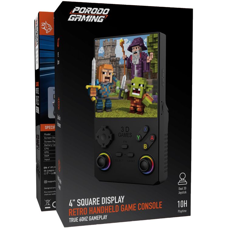 Porodo Gaming 4" Square Display Retro Handheld Game Console, 4000mAh Lithium Polymer Battery, 10 Hours Battery Life, 1GB RAM, Quad-Core Performance, Multi-System Support - Black