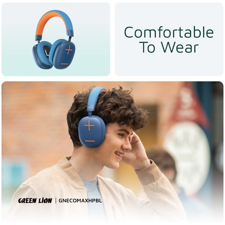 Green Lion Echo Max Wireless Headphones, Comfortable To Wear, Built-in Microphone, Lightweight, 40mm Magnet Size, 10m Maximum Range, 48 Hours Play Time - Blue