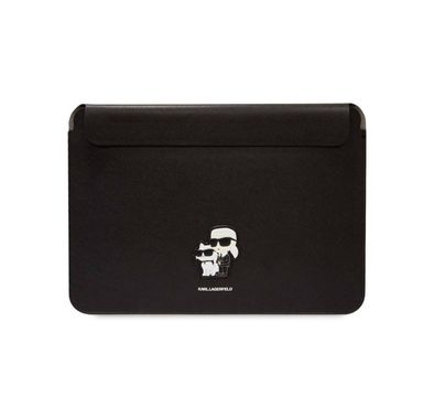 Karl Lagerfeld  Saffiano Laptop Sleeve for Computer 16" with Karl & Choupette NFT Logo, Genuine Leather Material, Water-Resistant, Magnetic Lock - Black