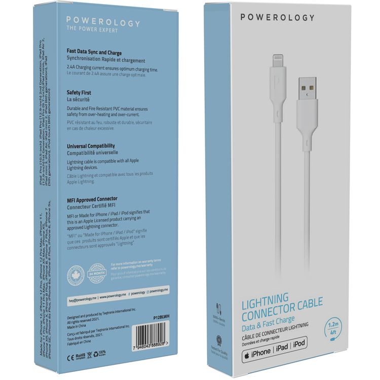 Powerology USB-A to Lightning Cable, 2.4 Charging Current, PVC Fire-Resistant Material, 1.2m Cable Length, More than 5000 Bends Lifespan, Fast Charge & Data Sync - White