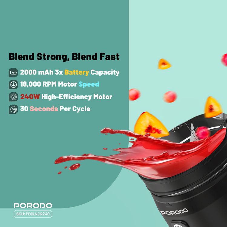 Porodo Lifestyle Nutrimix Dual-Spin Blender with 700mL Jar Capacity, Tritan Jar Material, 304 Stainless Steel Blade Material, 3× 2000mAh Battery Capacity, 3 Hours Charging Time, 30 Seconds Per Cycle Single Working Time, Safety Blade Cover - Black