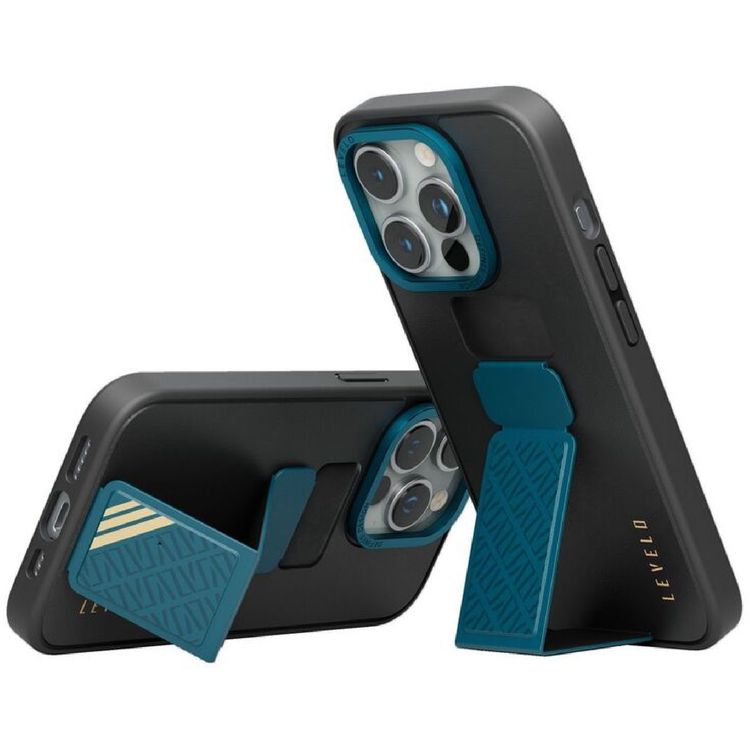 Levelo Morphix Leather Case for iPhone 15 Pro with Kickstand Grip - Black/Blue