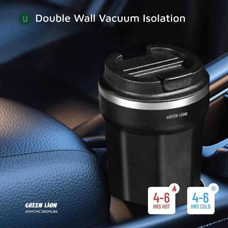 كوب مفرغة من جرين ليون، سعة 380 مل، مادة من الفولاذ المقاوم للصدأ، عزل مفرغ مزدوج الجدار، مظهر رائع - أسود
